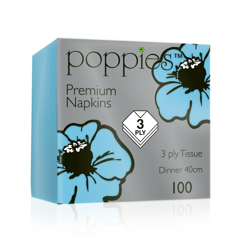 Poppies Baby Blue Dinner Napkin 8 Fold 40cm 3ply