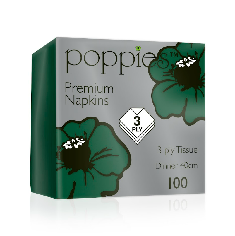 Poppies Forest Green Dinner Napkin 8 Fold 40cm 3ply