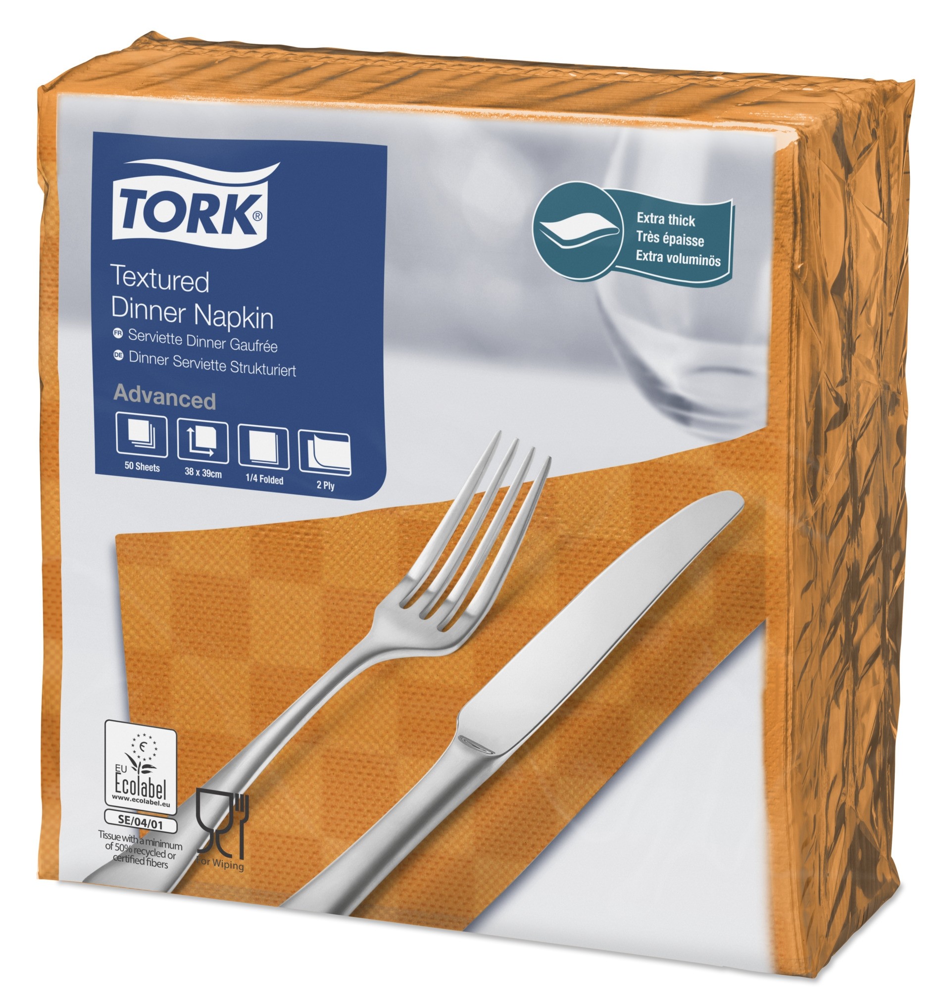 Tork Orange Textured Dinner Napkin 4 Fold 2ply 39cm