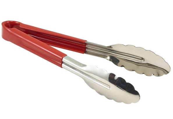 Genware Colour Coded Stainless Steel Tongs 23cm Red