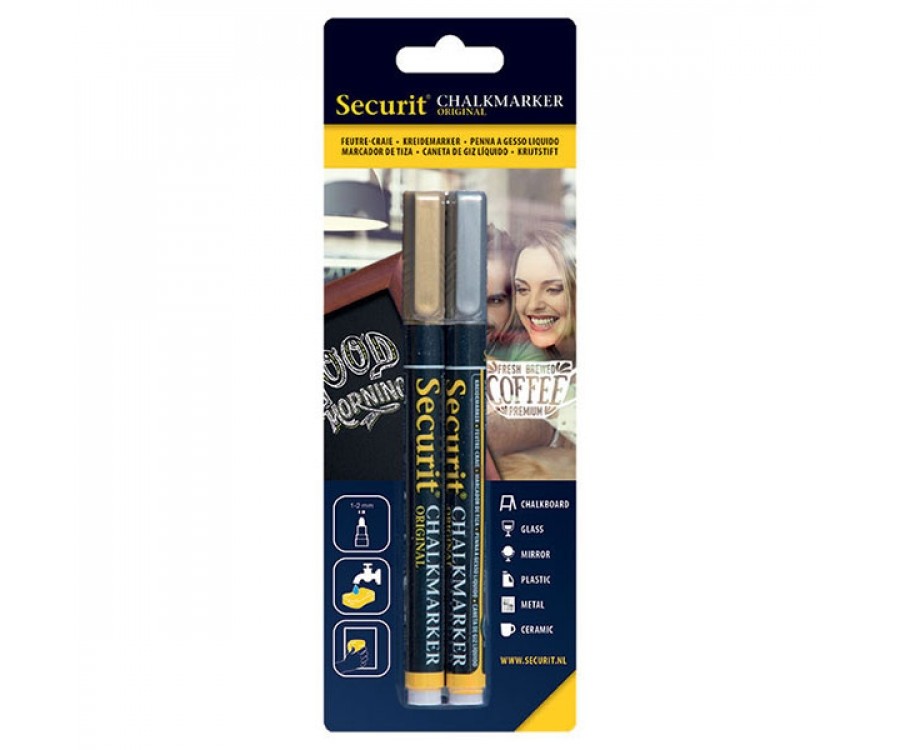 Securit Liquid Chalk Markers 1-2mm Nib Gold and Silver