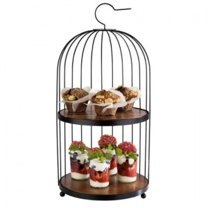 Birdcage Black Metal Buffet Stand with Acacia Wood Panels