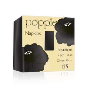 Poppies Black Dinner Napkins 2ply 8 Fold 40cm 